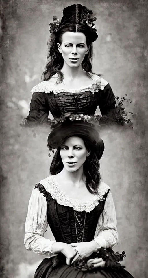 Image similar to digital collodion photograph, a beautiful portrait of Kate Beckinsale dressed in victorian era clothes