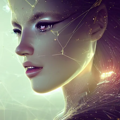 Image similar to beautiful pragmatic face, crystal, platinum, gold, biomechanoid with incredible iridescent pearlescent voluminous fiberoptic hair, crystalline masterpiece implants, hyperdetailed face, elegant pose, movie still, intricate, octane render, cinematic forest lighting, unreal engine, dieselpunk setting, crepuscular rays, god rays.