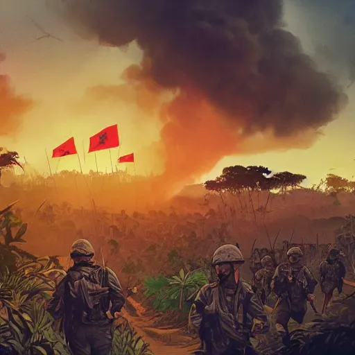 Prompt: handmade illustration of an epic Vietnam war scene with a many soldiers walking, the jungle at the background, Jamaican flag, some smoke and fire, blue sky with dramatic clouds, line art, ink, watercolor by Kilian Eng and by Jake Parker, heavy brushstrokes, winning-award masterpiece, fantastic, octane render, 8K HD Resolution, High quality image