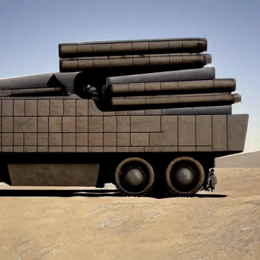 Image similar to SciFi industrial futuristic Brutalism brutalistic huge carrying vehicle desert