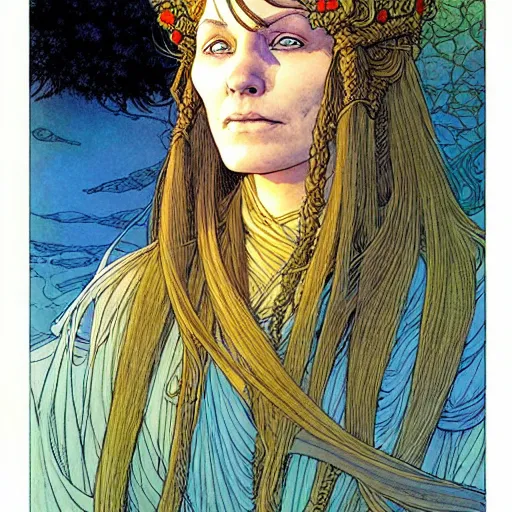 Image similar to a beautiful portrait of sanna!!!!! marin!!!!!, the young female prime minister of finland as a druidic wizard by rebecca guay, michael kaluta, charles vess and jean moebius giraud