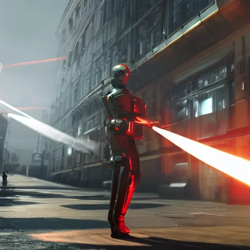 Image similar to british royal guard androids firing lasers, futuristic look, highly detailed body, photorealistic camera shot, crisp quality and light reflections, in england, futuristic city, unreal engine 5 quality render