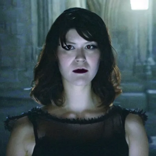Prompt: mary elizabeth winstead as a vampire showing her fangs in a gloomy gothic cathedral at night