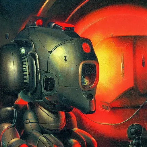 Image similar to a dark and colorful close - up of a sci - fi mecha dog robot with led lights glowing fog in the background. highly detailed science fiction painting by norman rockwell, frank frazetta, and syd mead. rich colors, high contrast, gloomy atmosphere, dark background. trending on artstation