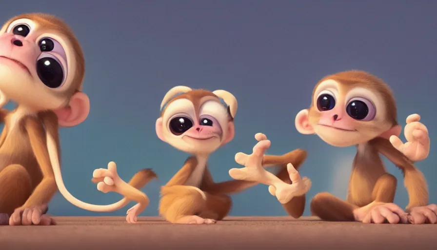 Image similar to very very very cute baby monkeys by Max Kostenko and Bobby Chiu, disney, pixar, MPC, Framestore, character design for animation, uplight, a lineup of characters, big disney eyes, symmetrical eyes, cuteness, 3d render, octane rendered, rendered by maya and houdini, highly detailed, unreal engine, Trending on Artstation, octane render, 4k, 8k, HD