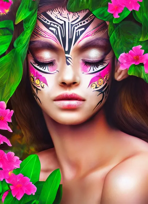 Image similar to a beautiful portrait of a beautiful woman with eyes closed in the jungle surrounded by pink flowers, tribal face paintings, matte painting, fantasy art