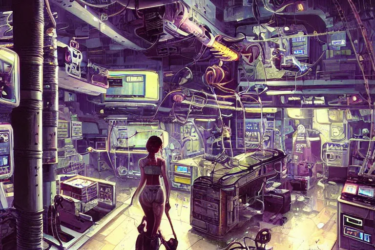 Prompt: sexy girl working in a robot repair shop, a broken android is laying on the ground, computer screens, dark cables hanging from ceiling , sci-fi vending machine, illustration by ian McQue, dynamic lighting, glowing lights, neons, science fiction