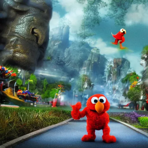 Image similar to stunning, coherent, impressive, detailed still of black family kicking elmo in a fantasy dream world park, follow shot, 3d, in the style of pixar, comic book style, 3d, highly detailed, sharp focus, bokeh, depth of field, 16k resolution, Unreal Engine 5, coherent, cinematic lighting, photorealistic, by Zhang Jingna