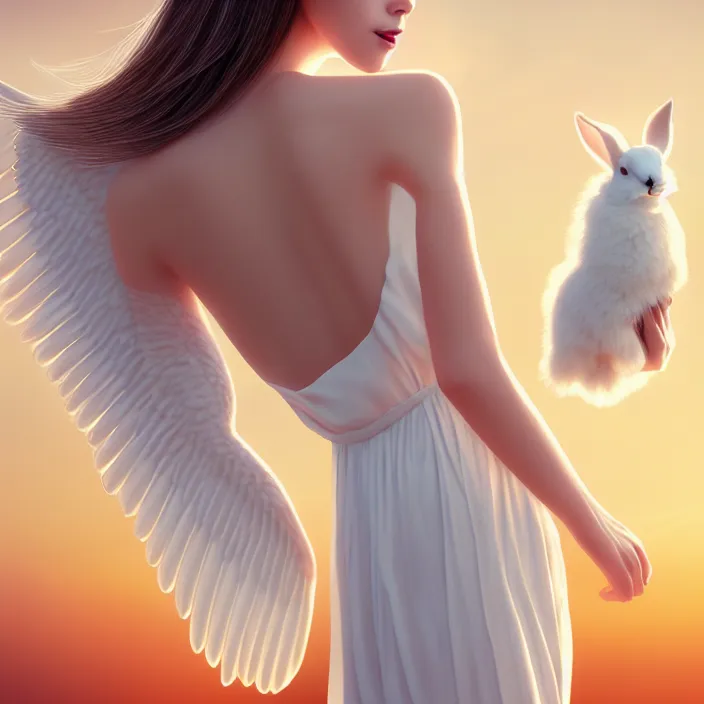 Prompt: Portrait of a cute elegant woman with angelic white wings on her back, holding a rabbit, flying in the eye, upscaled, RTX on, HDR shot, luxurious neckless, beautiful long white dress, sunset, warm spring, detailed face, fantasy, anime, vibrant, colorful, intricate details, trending on ArtStation, Deviantart, by WLOP, james gurney, norman rockwell