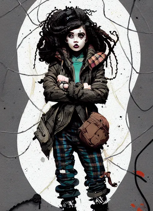 Prompt: highly detailed portrait of a sewer punk lady, tartan hoody, ringlet hair by atey ghailan, by greg rutkowski, by greg tocchini, by james gilleard, by joe fenton, by kaethe butcher, gradient grey, black, cream and white color scheme, grunge aesthetic!!! ( ( graffiti tag wall background ) )