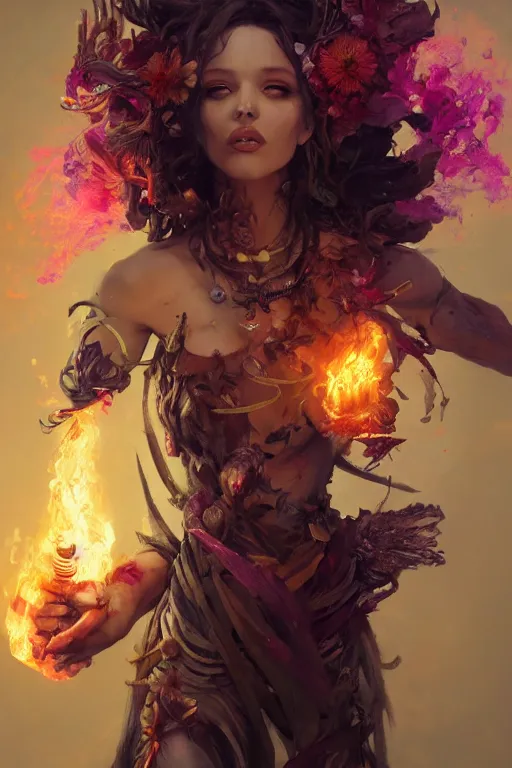 Image similar to beautiful girl necromancer, witch - doctor exploding into flowers, angels, 3 d render, hyper - realistic detailed portrait, holding fire and light, ruan jia, wlop. scifi, fantasy, hyper detailed, octane render, concept art, peter mohrbacher