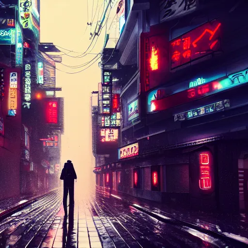 Prompt: alone on the rainy streets of Neo-Tokyo, incredibly detailed, trending on artstation, octane render, 4k