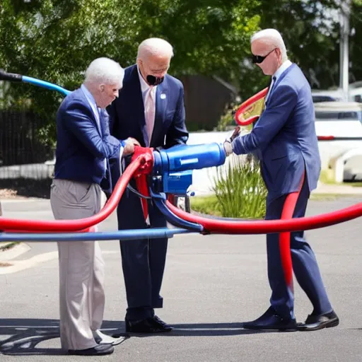 Prompt: gasoline being pumped into joe biden like a robot human car