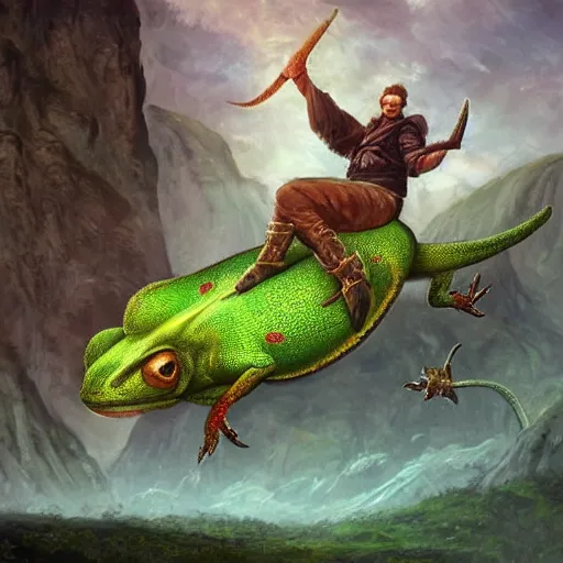 Prompt: a man rides on a gigantic Gecko, Fantasy Art