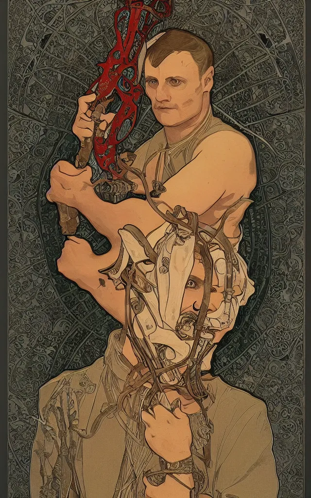 Image similar to Hannibal Lecter from NBCs Hannibal in portrait Alphonse Mucha art nouveau style, detailed high definition poster, photorealistic brutal artwork, featured on artstation, powerful, high definition, large file size, advertisement