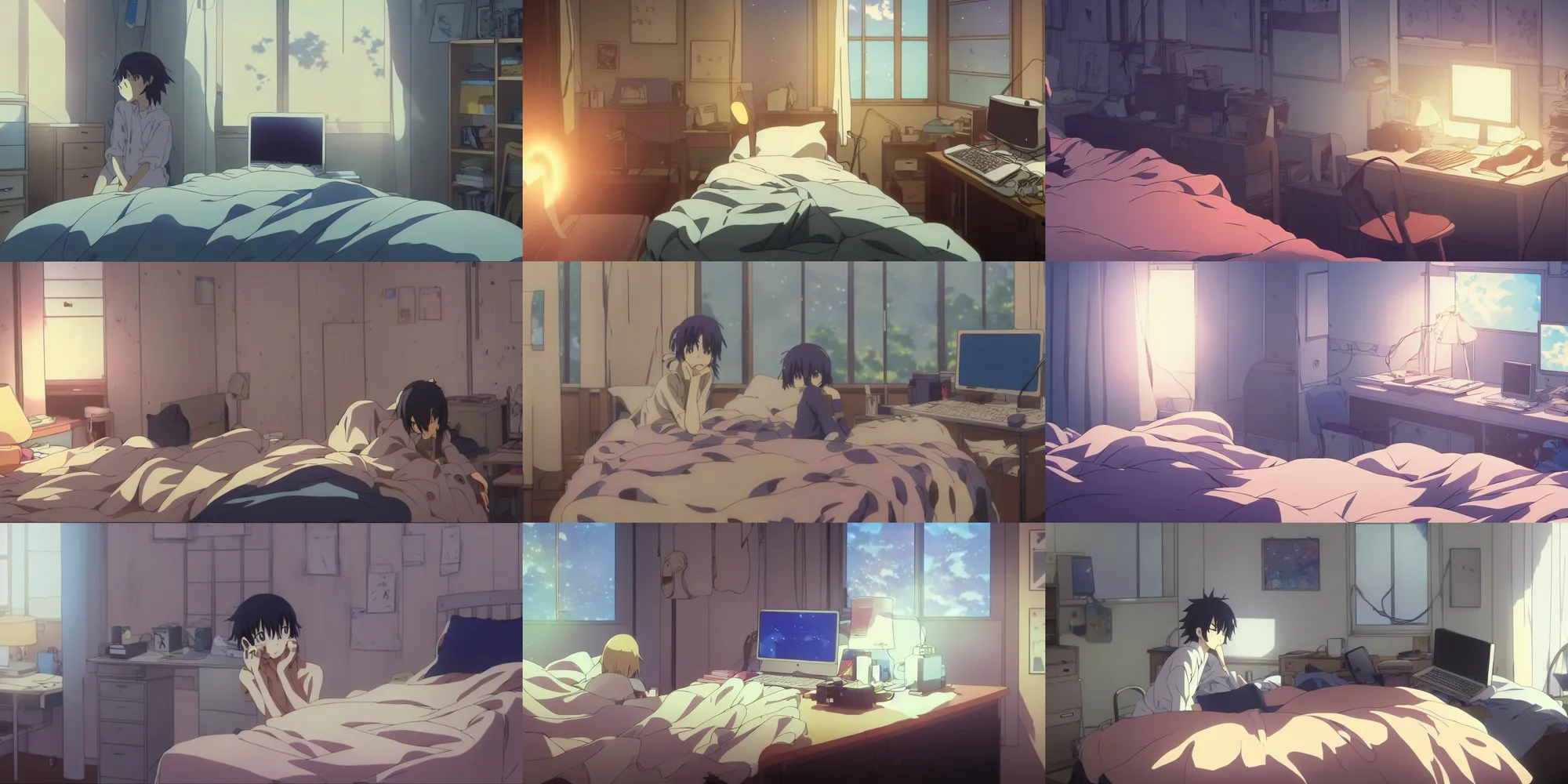 Prompt: an intimate close up of the detailed anime main character's bedroom in the anime film by makoto shinkai; night time and lit by a computer monitor; a computer desk, (books), messy clothes, anime lover, posters, toys, screenshot from the makoto shinkai anime