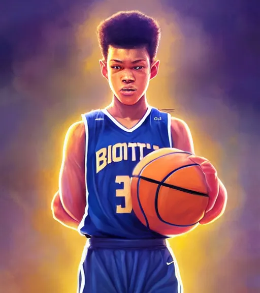 Prompt: portrait of a boy holding a basketball playing basketball wearing a basketball uniform in a basketball court, intense emotion, intricate, elegant, highly detailed, centered, digital painting, artstation, concept art, smooth, sharp focus, illustration, by Peter Mohrbacher, WLOP