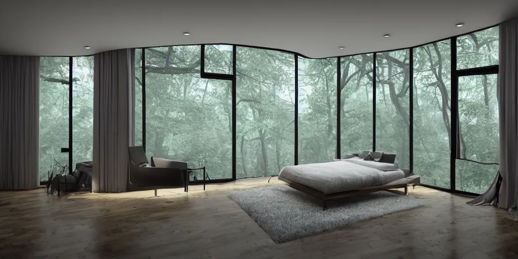 Image similar to a view inside modern bedroom in the middle of a raining forest with river, unreal 5, hyperrealistic, realistic, photorealistic, dynamic lighting, highly detailed, cinematic landscape, studio landscape, studio lighting