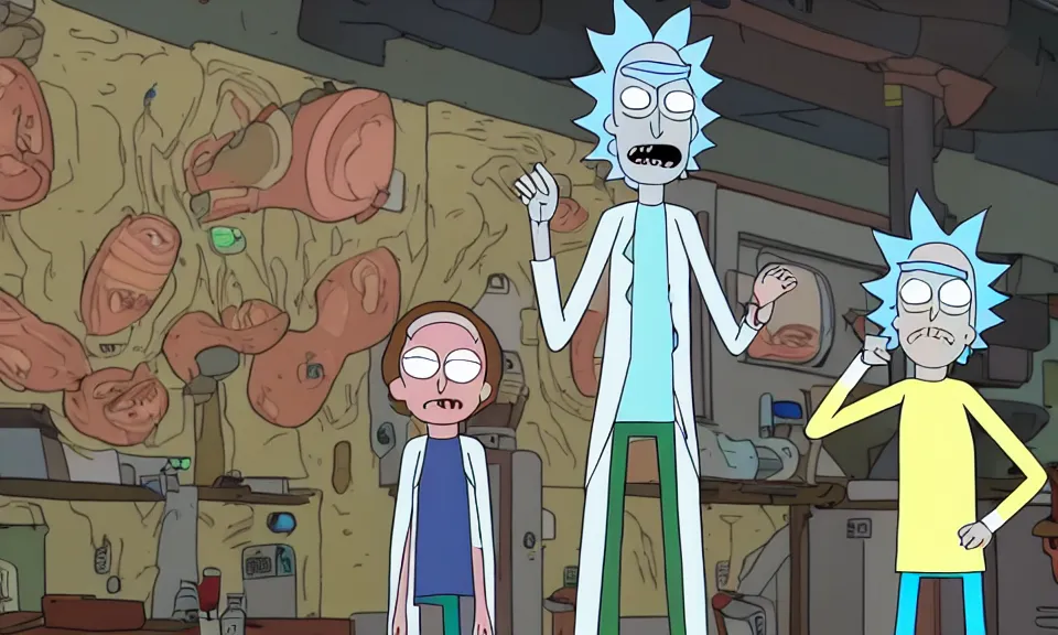 Image similar to Rick and Morty as real persons, medium shot, highly detailed, studio lighting, realistic