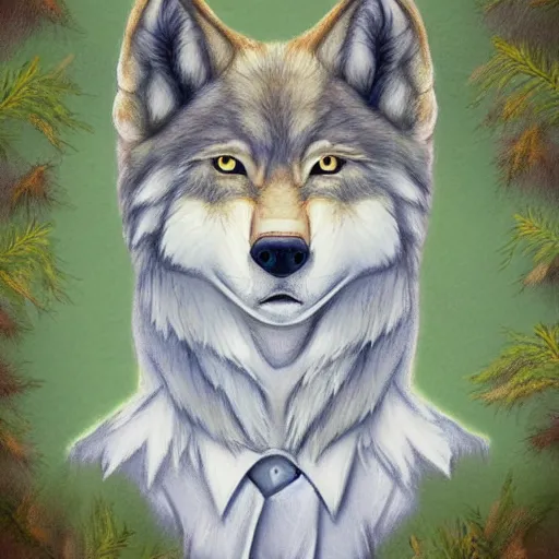 Image similar to Beautiful portrait drawing of an anthro anthropomorphic wolf wearing a cute pastel shirt, in Summer, at a forest. digital art