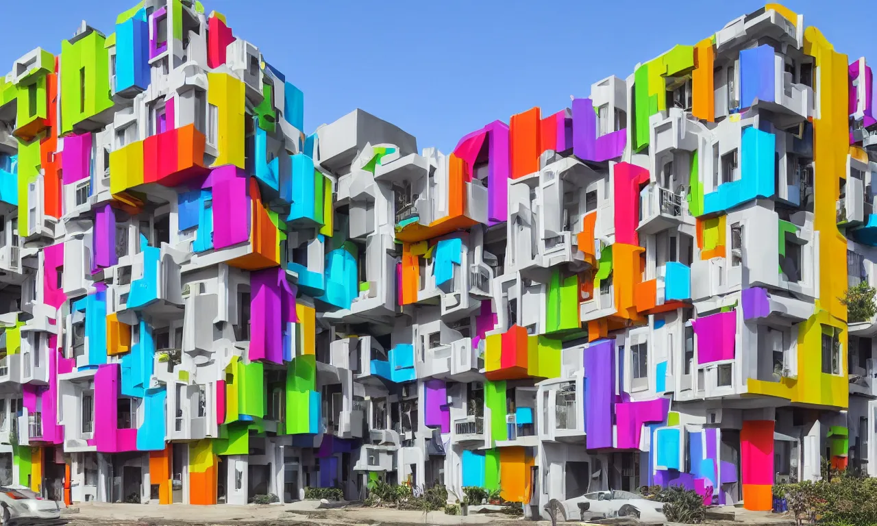 Image similar to african 3 d printed multifamily modern architecture, colorful geometric exterior cladding, architectural sculptural interior, ancestors and future, visually satisfying architecture render