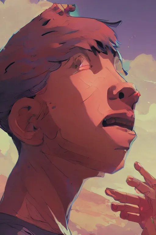 Image similar to a boy looking up into the sky seeing an anxious reflection of himself behance hd artstation by jesper ejsing, by rhads, makoto shinkai and lois van baarle, ilya kuvshinov, ossdraws, that looks like it is from borderlands and by feng zhu and loish and laurie greasley, victo ngai, andreas rocha