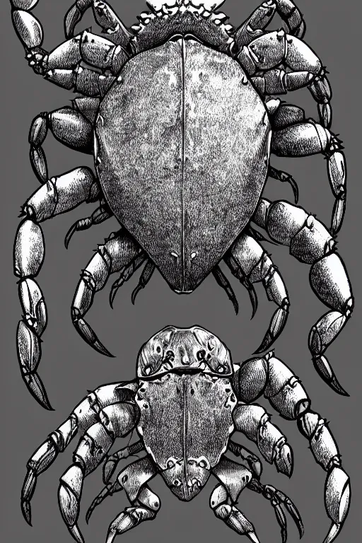 Image similar to crab humanoid heavily armoured, symmetrical, highly detailed, digital art, needles, hermit crab, chitin, sharp focus, trending on art station, kentaro miura manga art style