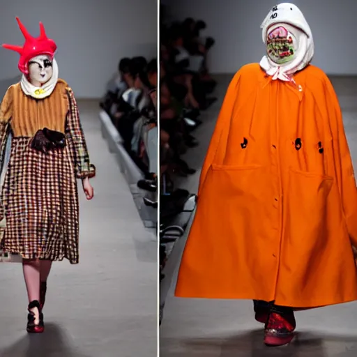 Prompt: slug, slug wearing clothes, vivian westwood, slug with teeth, runway model