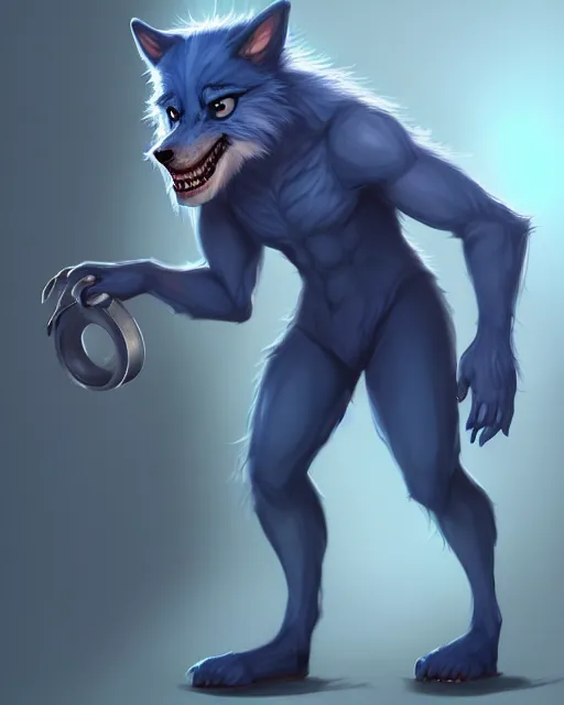 Image similar to character concept art, cute adult male anthropomorphic furry, cute fine face, darkblue werewolf, pants, pretty face, key visual, long human lightblue hair, realistic shaded furry face, fine details by stanley artgerm lau, wlop, rossdraws, james jean, andrei riabovitchev, marc simonetti, and sakimichan
