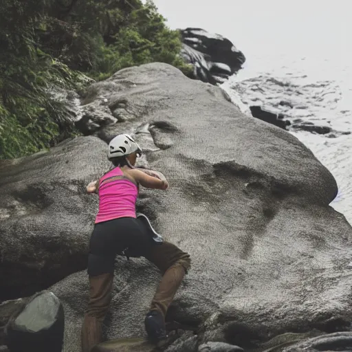 Prompt: picture of woman climbing wet rocks while eating