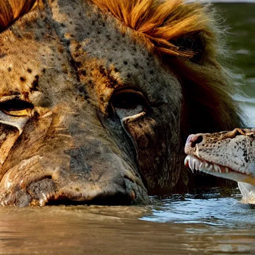 Image similar to found footage of a giant crocodile and a lion from a murky lake, high temperature, cinematic lighting, focused eyes, apex predator standoff