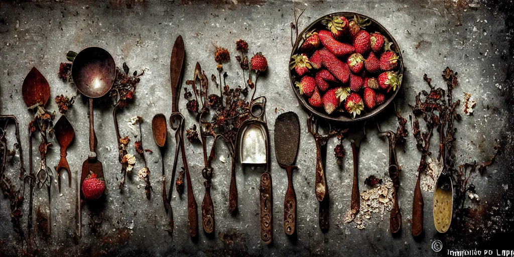 Prompt: side view, decaying rotting strawberry and blackberry, moldy, on an antique distressed table top, dried flowers, metal kitchen utensils, old kitchen backdrop, dark kitchen, style by peter lippmann, intricate detail,