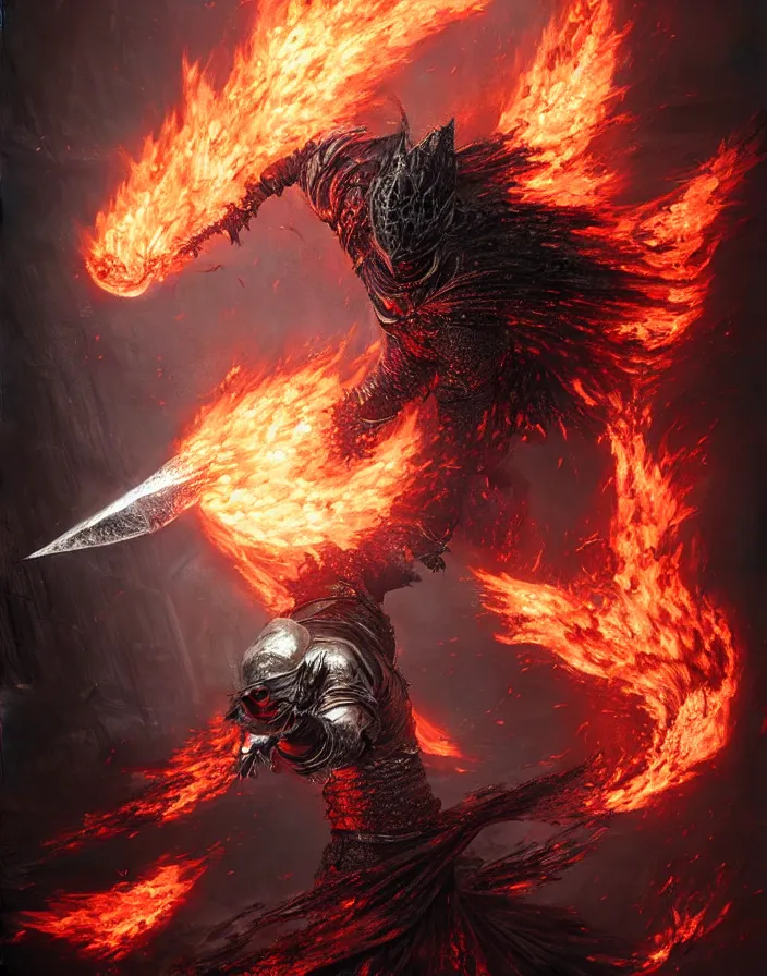 Image similar to illustration of the soul of cinder from Dark Souls 3 wielding a burning greatsword, dark souls 3 artwork by Masanori Warugai, art by greg rutkowski, art by craig mullins, art by Yoshitaka Amano