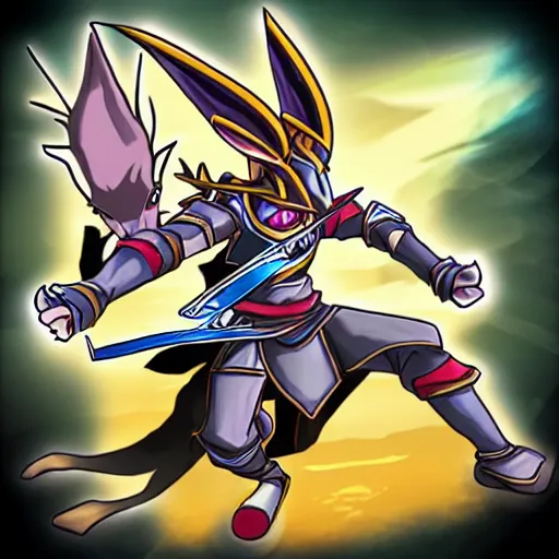 Prompt: rabbit warrior - swordsman, yugioh style