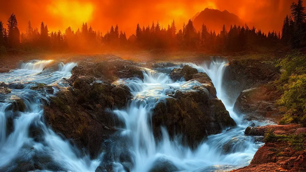 Image similar to amazing landscape photo of a water fall in sunset by marc adamus, beautiful dramatic lighting