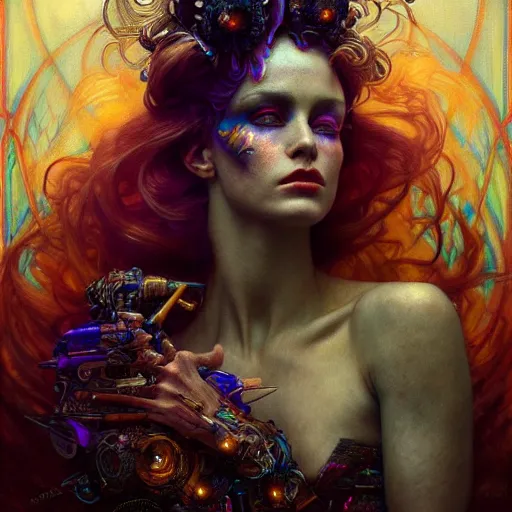 Image similar to extremely psychedelic beautiful cyborg queen of lsd. intricate, elegant, highly detailed, extremely lifelike photorealistic digital painting, artstation. steichen, gaston bussiere, tom bagshaw, cyberpunk alphonse mucha. dark pallet, melancholy. anatomically correct in every way. sultry. sharp focus. soft light.