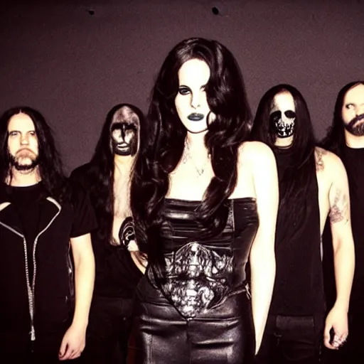 Image similar to photo of lana del rey in a black - metal band