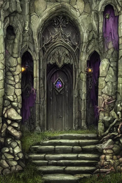 Prompt: matte glossy painting of stone steps fantasy leading do a gothic witches doorway portal, artstation by emilia dziubak, will terry, greg olsen, chris mars, ann long, and mark brooks, gret ritkowski dramatic, architecture, colorful warcraft architecture