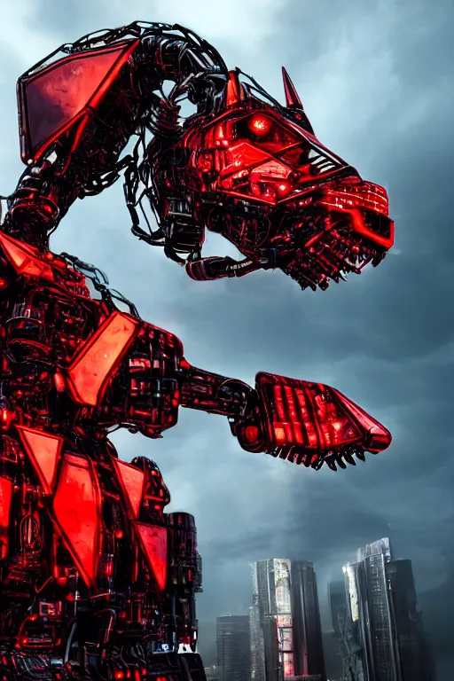 Prompt: giant imposing complex machine merged with evil cybernetic goat head at helm, cyberpunk, red hues