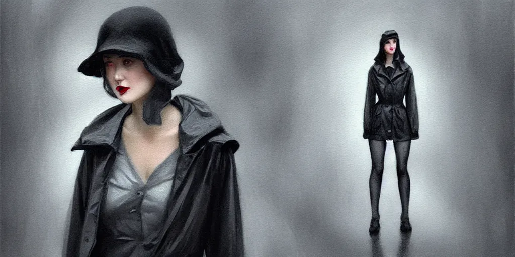 Image similar to ( ( ( ( woman of 2 0 s decade of xx century ) ) ) ) dressed in raincoat, female, clear face, feminine, upper body, highly detailed, digital painting, dark atmosphere, lynchian atmosphere, film noir style, artstation, concept art, matte, sharp focus, illustration, art by artgerm and greg rutkowski and alphonse mucha