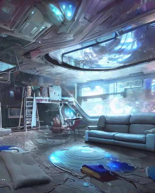 Image similar to artstation scifi scene of a safe room as ikea ad, lounge furniture, carpeted floor, sky mural on the room ceiling, holographic nature art walls, large terrarium, paneled walls, unreal engine 5, hyper realism, realistic shading, cinematic composition, blender render, octane render, hdr, detailed textures, photorealistic, wide shot