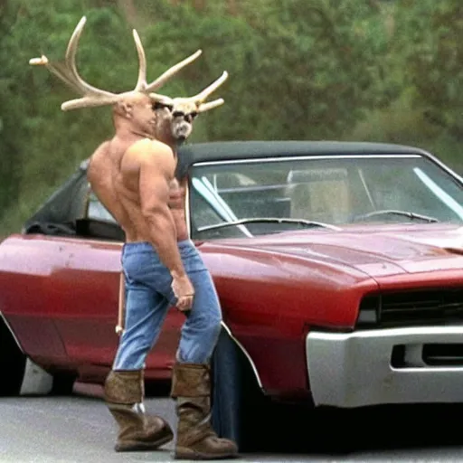 Prompt: Vin Diesel wearing moose antlers staring out of his car, movie scene from fast and the furious