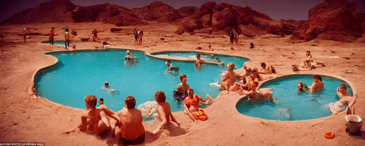 Image similar to people taking a natural hot springs of spaghettios desert evening, kodachrome, in the style of wes anderson