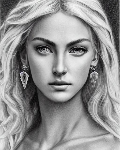 Image similar to pencil drawing of a beautiful greek goddess aphrodite with arrowhead earrings, beautiful piercing eyes, beautiful blonde hair, hyper realistic face, in the style of greg rutkowski, fantasy, amazing detail, epic, elegant, smooth, sharp focus, from the front