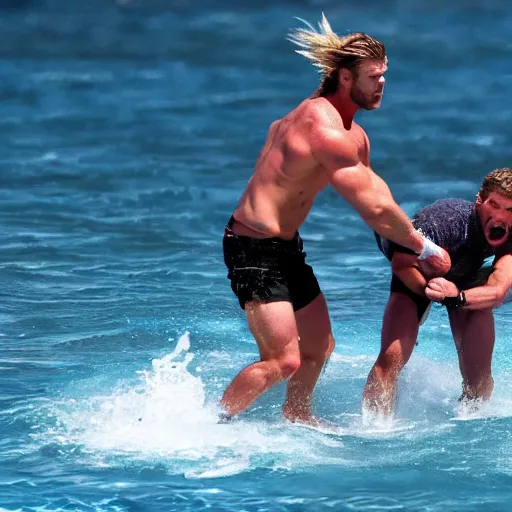 Image similar to chris hemsworth beating up liam hemsworth under the sea