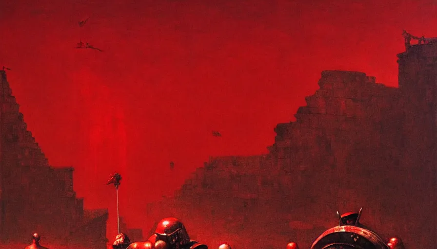 Image similar to only with red, an armored gladiator in a crowded roman amphitheatre, crowd cheering, in the style of beksinski and edward hopper and rodcenko and yue minjun and rolf armstrong, intricate and epic composition, red by caravaggio, highly detailed, masterpiece, red light, artstation