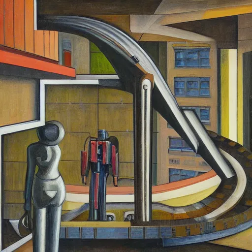 Image similar to cutaway section of a giant robot revealing people living inside, brutalist, dystopian, pj crook, edward hopper, oil on canvas