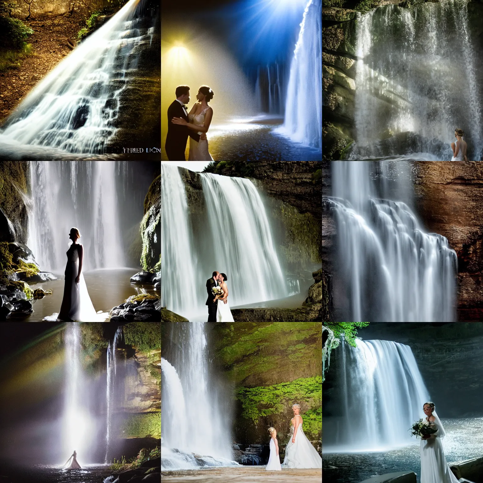 Prompt: an award wining photograph of waterfall of the bride, cinematic lighting