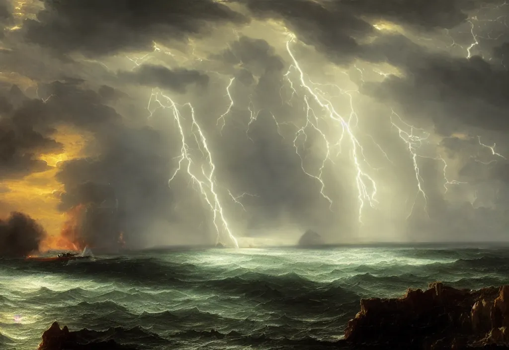 Image similar to thomas cole coastal landscape with a world war two battleship firing its main guns. dramatic concept art, 4k, octane render. Realistic, cinematic lightning