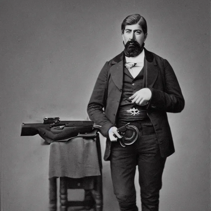 Prompt: hyper realistic and detailed full-lenght portrait photo of Patrick Balkany standing with a revolver, by Félix Nadar, daguerréotype calotype HD 4k